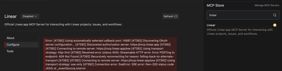 Linear MCP authorisation error shown in Antigravity IDE and it's MCP store